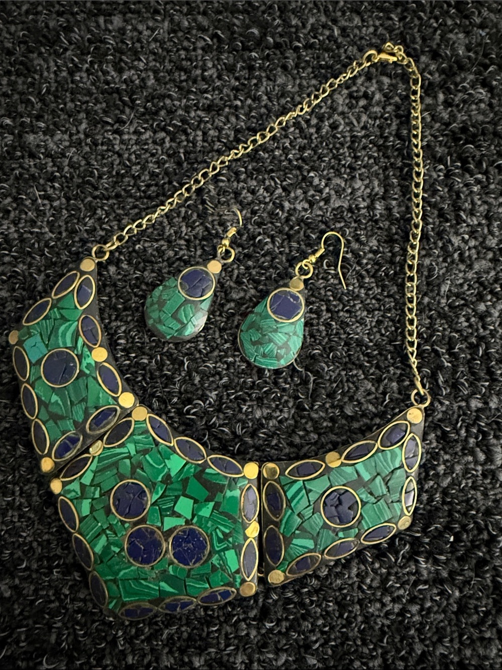 Gold-Tone Green Mosaic Statement Necklace & Earrings Set